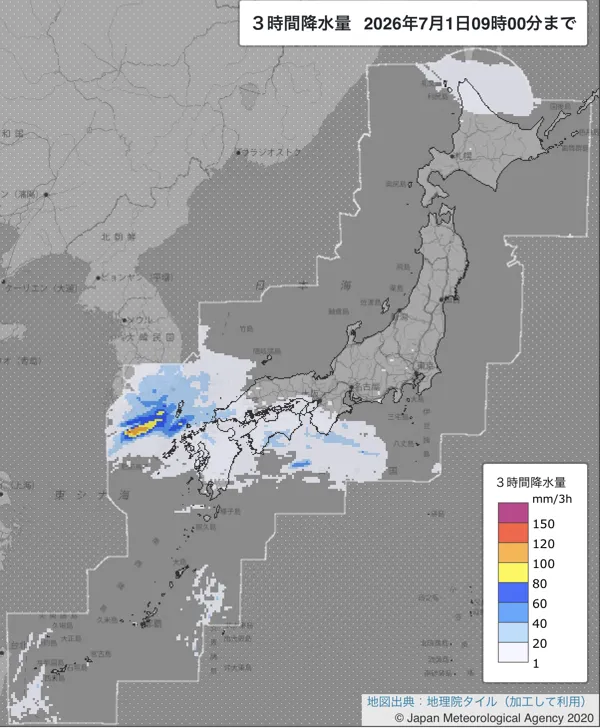 2026年7月1日6〜9時の日本周辺の3時間解析降水量