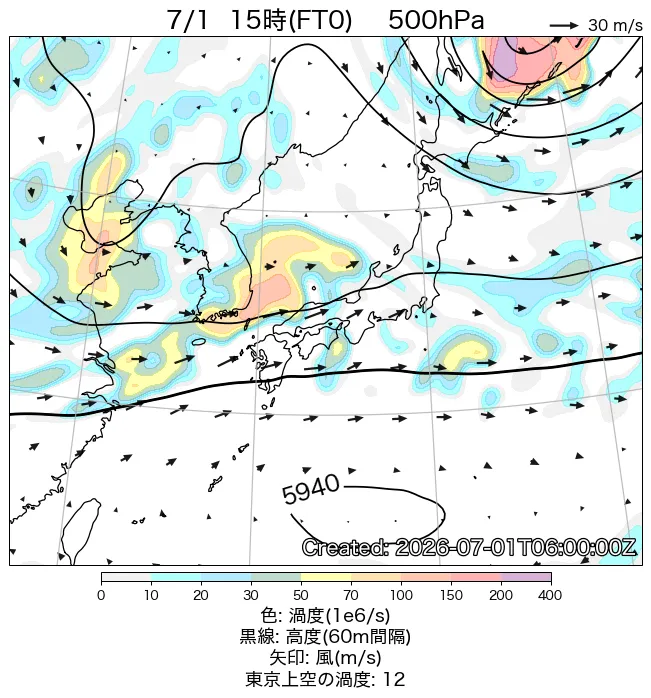 2026年7月1日の日本周辺の500hPa天気図（15時）
