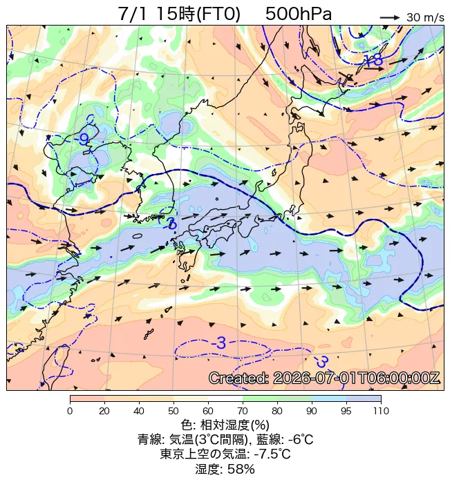 2026年7月1日の日本周辺の500hPa天気図（15時）