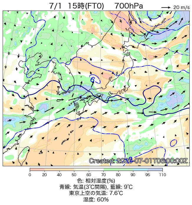 2026年7月1日の日本周辺の700hPa天気図（15時）