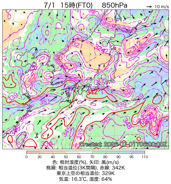 2026年7月1日の日本周辺の850hPa天気図（15時）