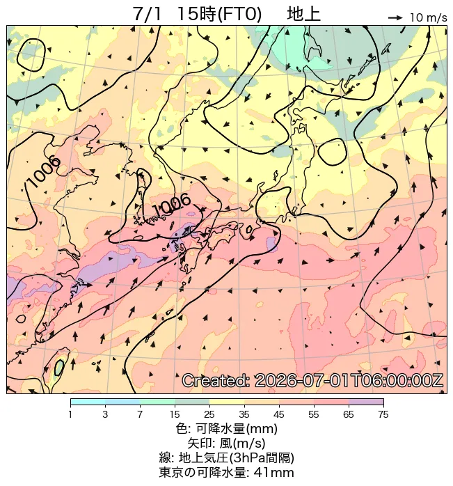 2026年7月1日の日本周辺の地上天気図（15時）