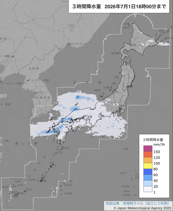 2026年7月1日15〜18時の日本周辺の3時間解析降水量