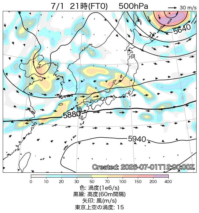 2026年7月1日の日本周辺の500hPa天気図（21時）