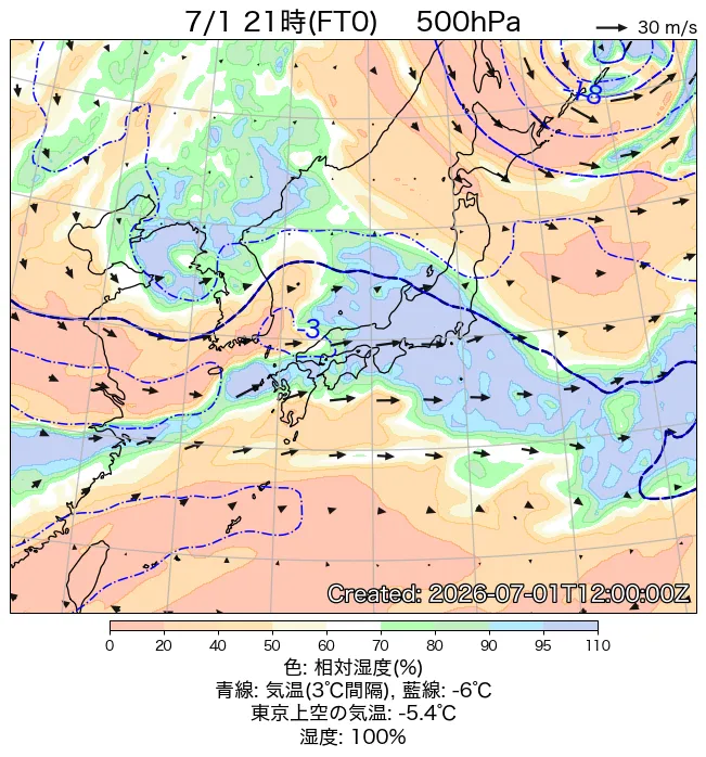 2026年7月1日の日本周辺の500hPa天気図（21時）