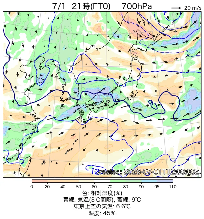 2026年7月1日の日本周辺の700hPa天気図（21時）