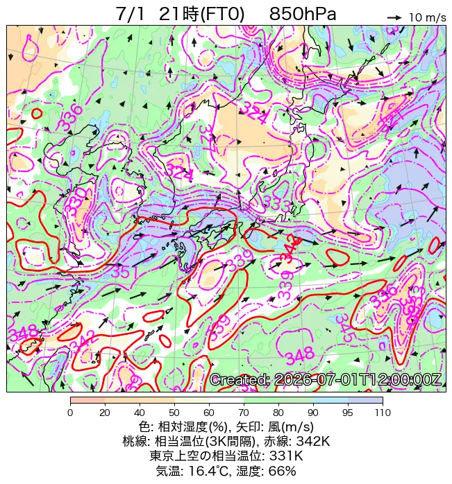 2026年7月1日の日本周辺の850hPa天気図（21時）