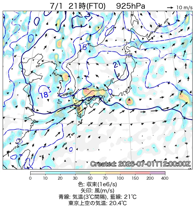 2026年7月1日の日本周辺の925hPa天気図（21時）