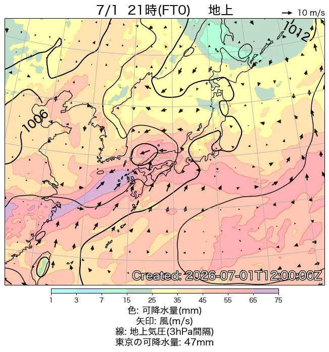 2026年7月1日の日本周辺の地上天気図（21時）