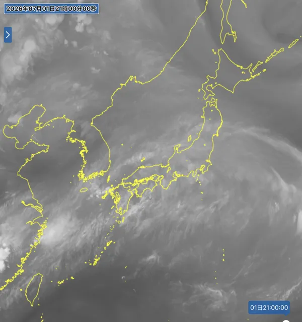 2026年7月1日21時の日本周辺の衛星水蒸気画像