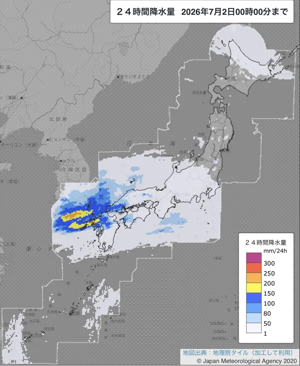 2026年7月1日の日本周辺の日解析雨量の図