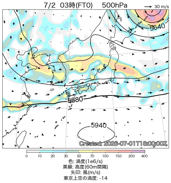 2026年7月2日の日本周辺の500hPa天気図（3時）