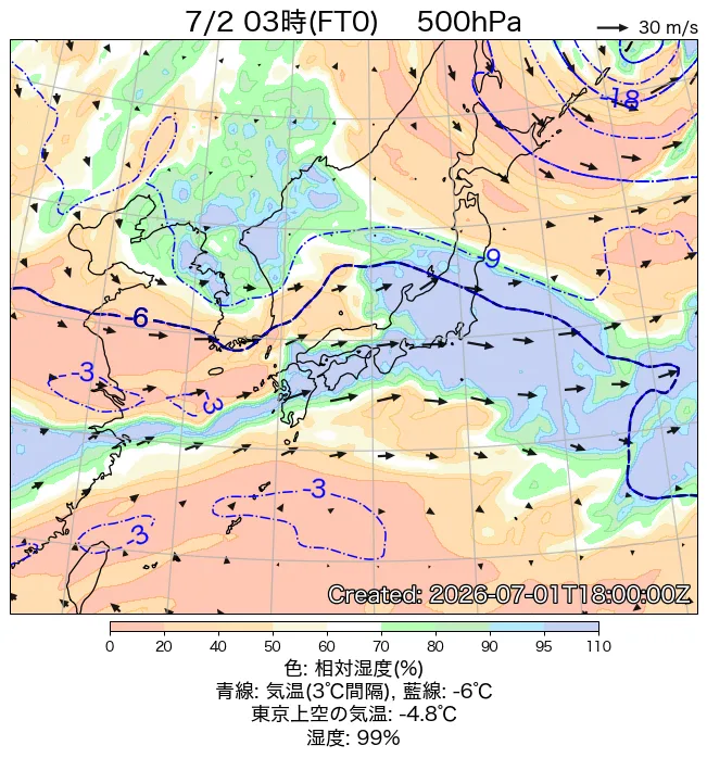 2026年7月2日の日本周辺の500hPa天気図（3時）
