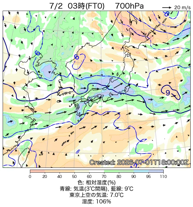 2026年7月2日の日本周辺の700hPa天気図（3時）