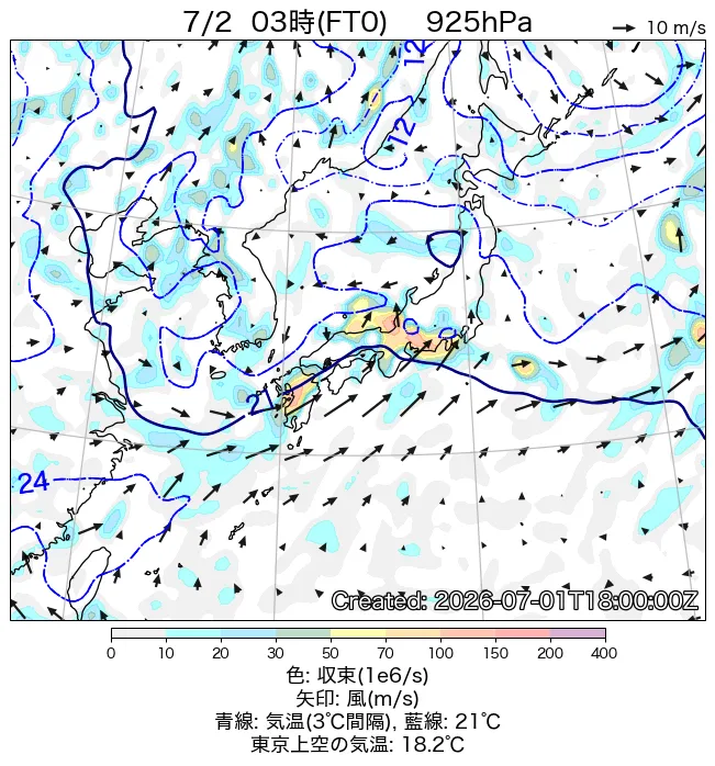 2026年7月2日の日本周辺の925hPa天気図（3時）