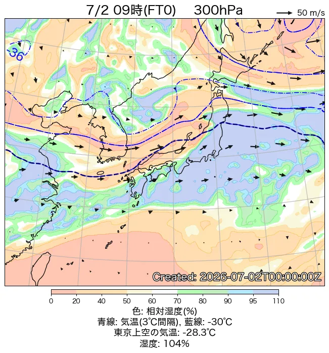 2026年7月2日の日本周辺の300hPa天気図（9時）