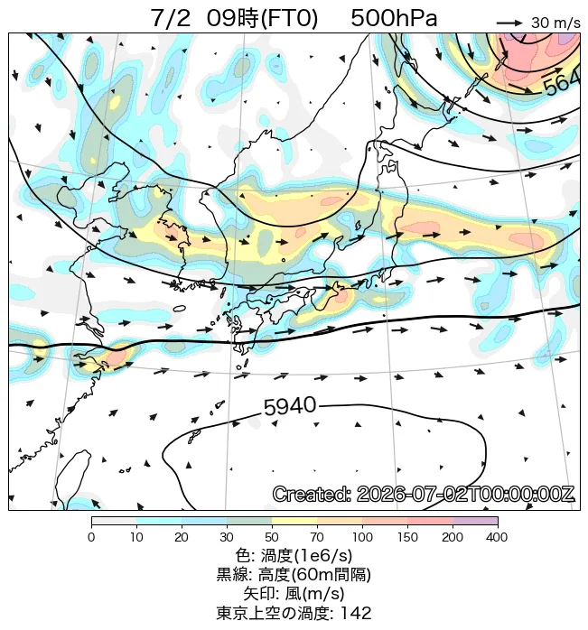 2026年7月2日の日本周辺の500hPa天気図（9時）