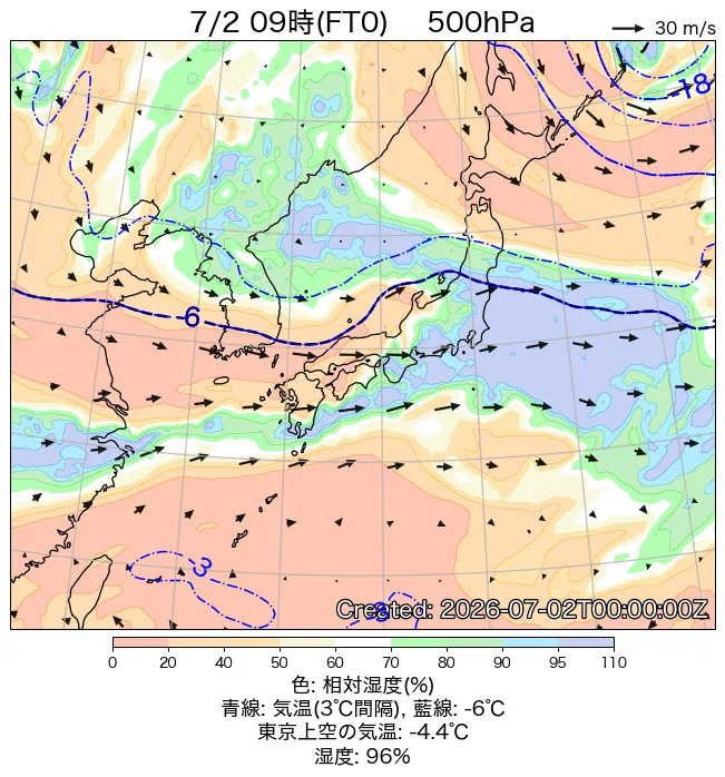2026年7月2日の日本周辺の500hPa天気図（9時）