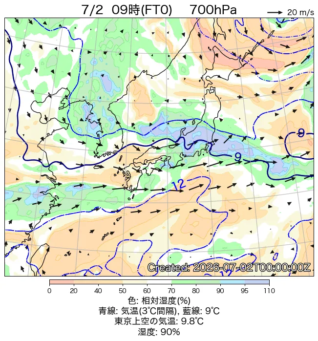2026年7月2日の日本周辺の700hPa天気図（9時）