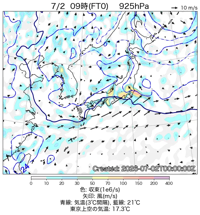 2026年7月2日の日本周辺の925hPa天気図（9時）