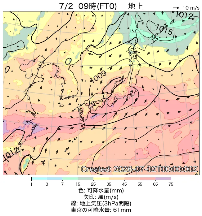 2026年7月2日の日本周辺の地上天気図（9時）