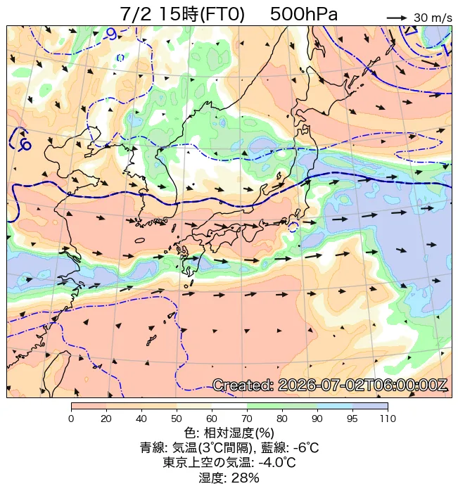 2026年7月2日の日本周辺の500hPa天気図（15時）
