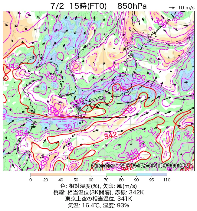 2026年7月2日の日本周辺の850hPa天気図（15時）