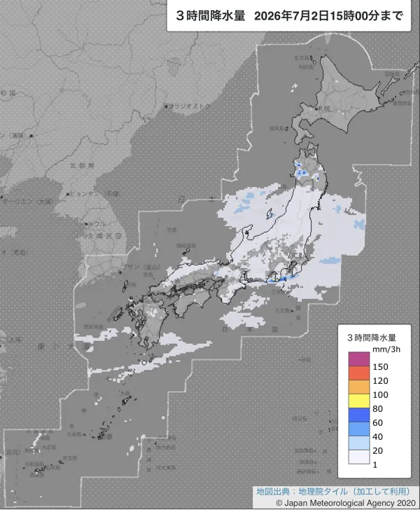 2026年7月2日12〜15時の日本周辺の3時間解析降水量