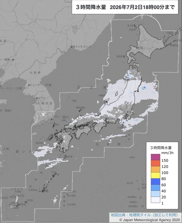 2026年7月2日15〜18時の日本周辺の3時間解析降水量