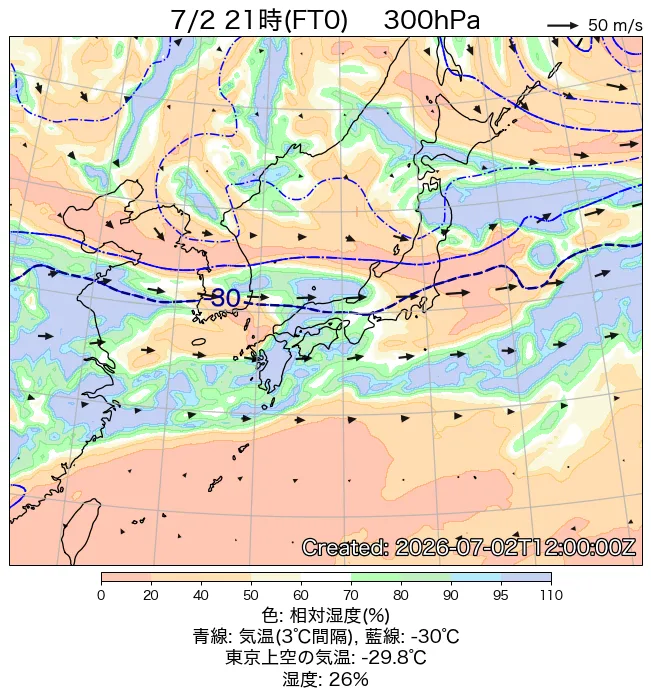 2026年7月2日の日本周辺の300hPa天気図（21時）