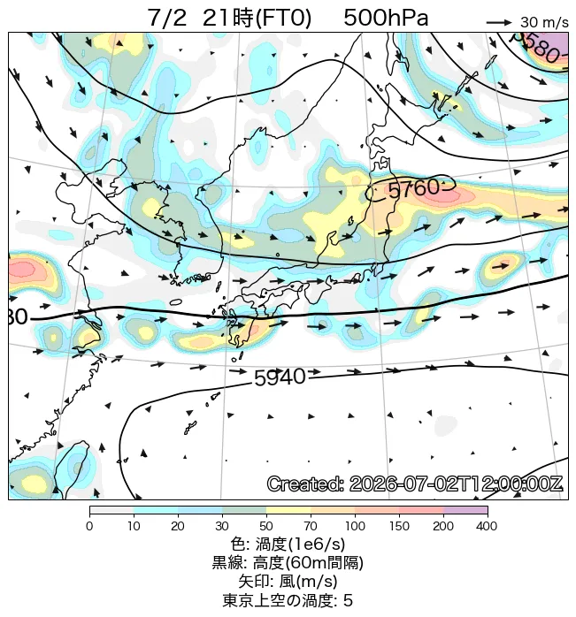 2026年7月2日の日本周辺の500hPa天気図（21時）