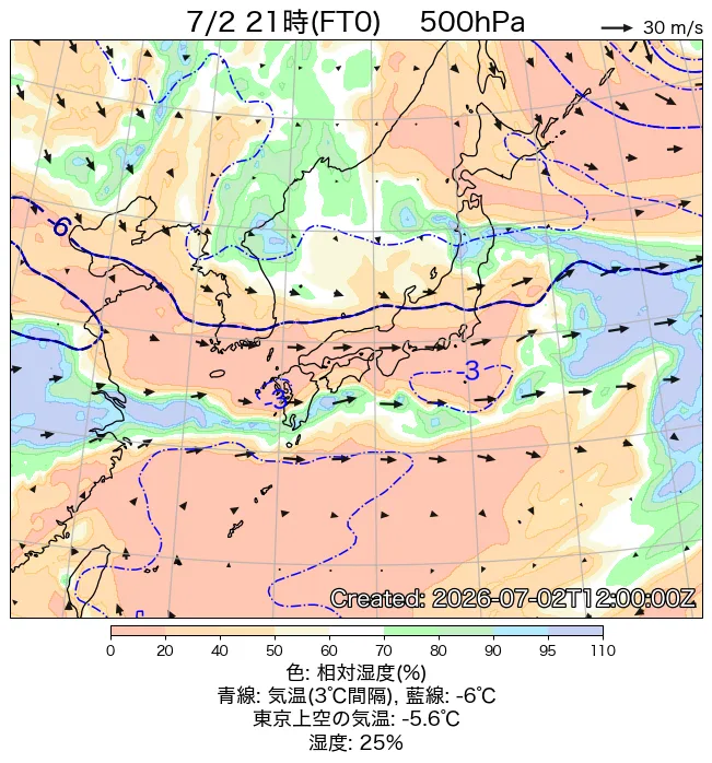 2026年7月2日の日本周辺の500hPa天気図（21時）