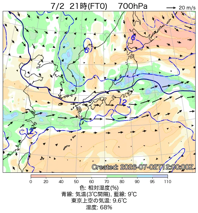 2026年7月2日の日本周辺の700hPa天気図（21時）
