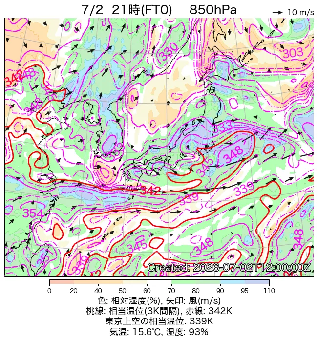 2026年7月2日の日本周辺の850hPa天気図（21時）