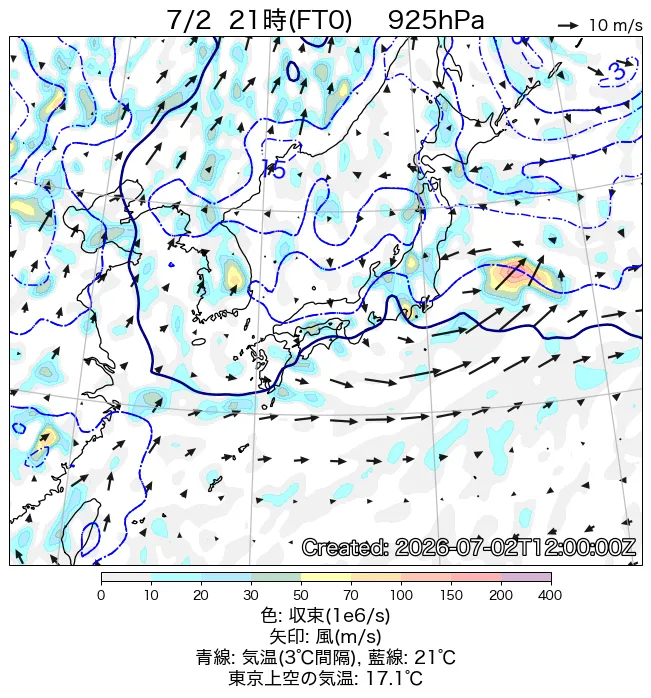2026年7月2日の日本周辺の925hPa天気図（21時）