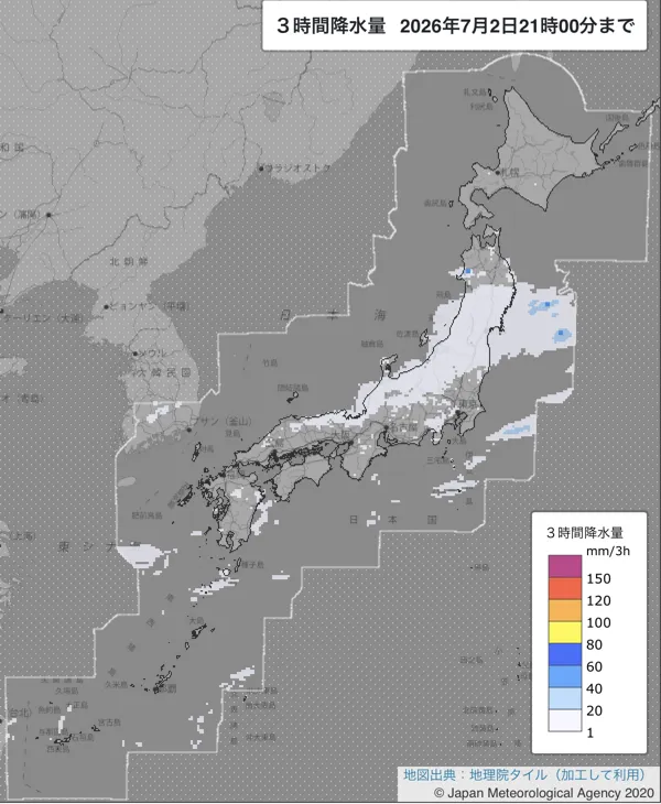 2026年7月2日18〜21時の日本周辺の3時間解析降水量