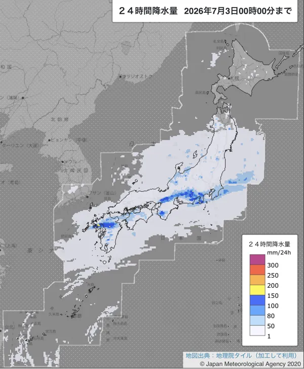 2026年7月2日の日本周辺の日解析雨量の図