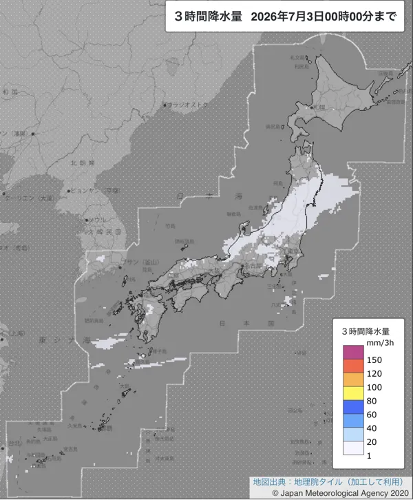2026年7月2日21〜24時の日本周辺の3時間解析降水量