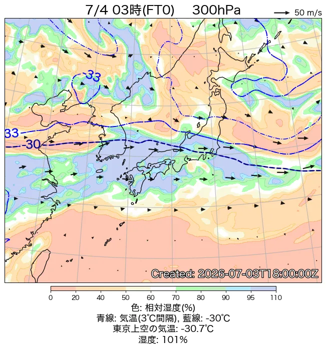 2026年7月4日の日本周辺の300hPa天気図（3時）