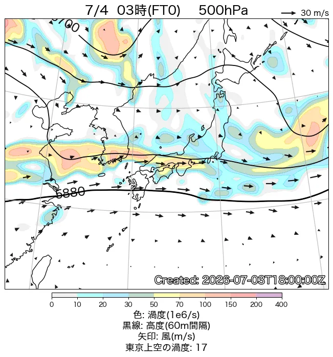 2026年7月4日の日本周辺の500hPa天気図（3時）