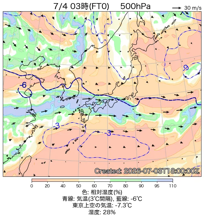 2026年7月4日の日本周辺の500hPa天気図（3時）