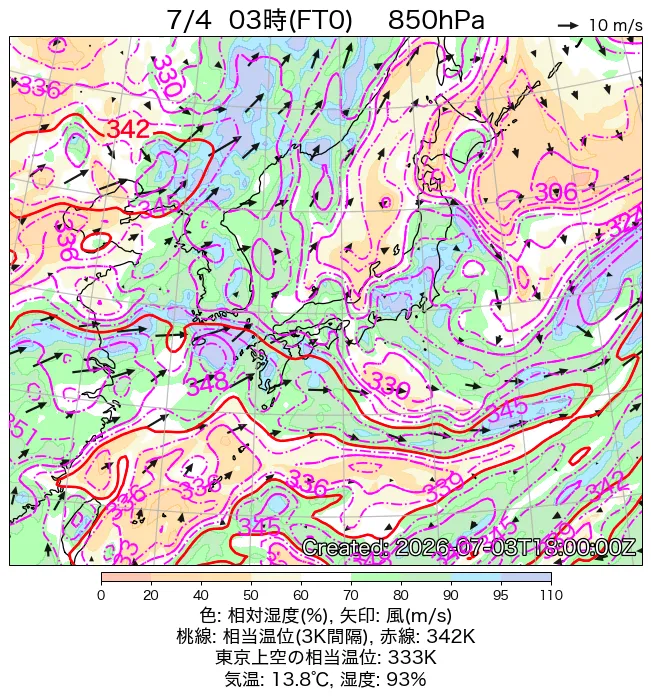 2026年7月4日の日本周辺の850hPa天気図（3時）