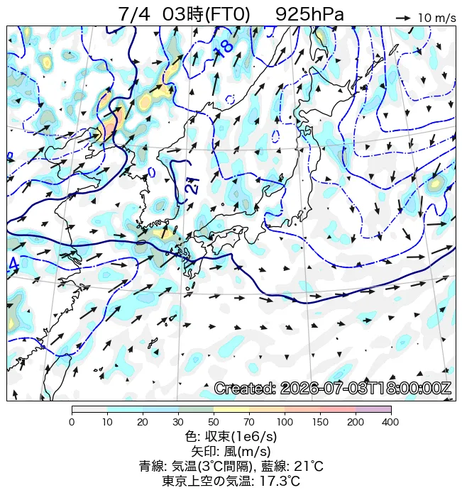 2026年7月4日の日本周辺の925hPa天気図（3時）