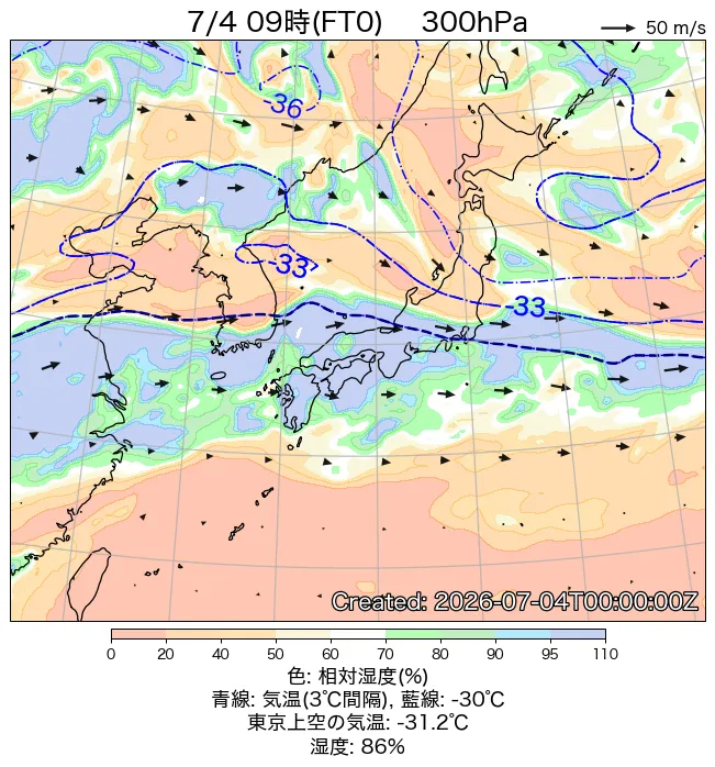 2026年7月4日の日本周辺の300hPa天気図（9時）