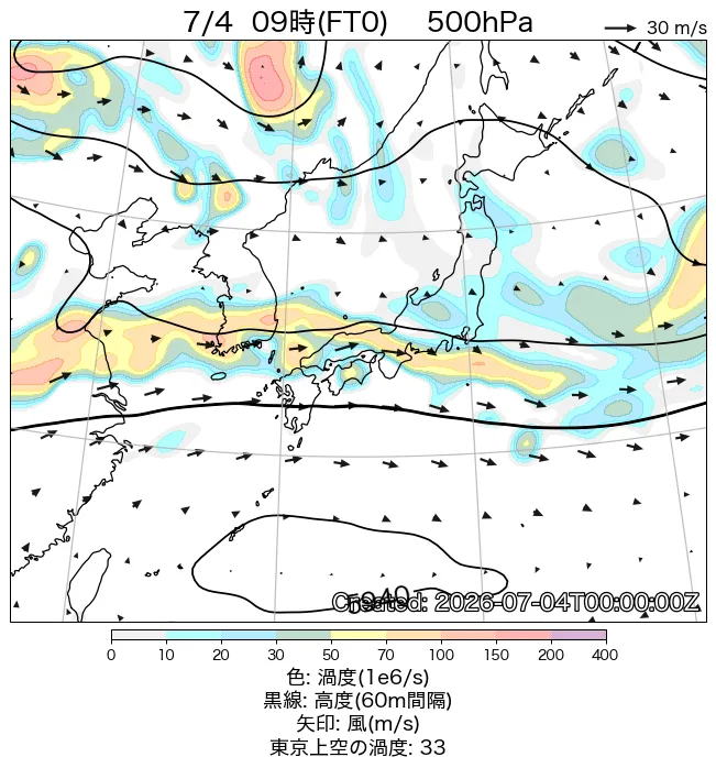 2026年7月4日の日本周辺の500hPa天気図（9時）
