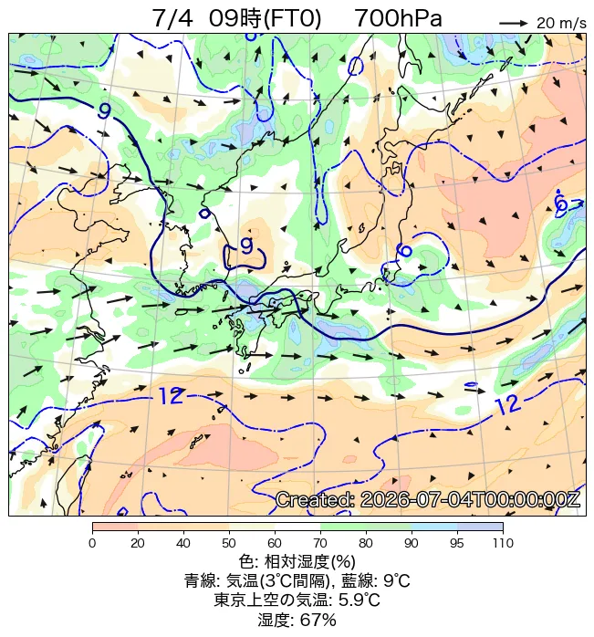 2026年7月4日の日本周辺の700hPa天気図（9時）