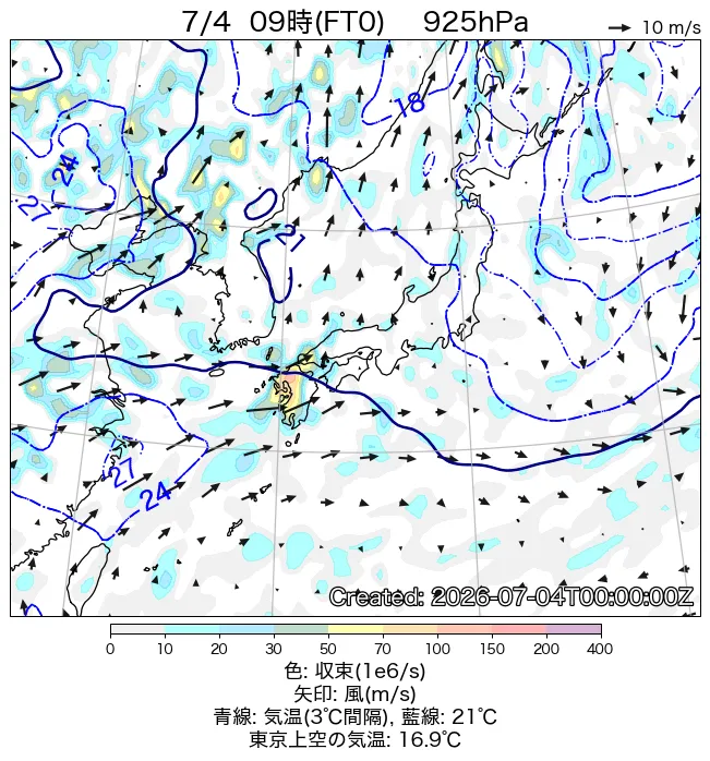 2026年7月4日の日本周辺の925hPa天気図（9時）