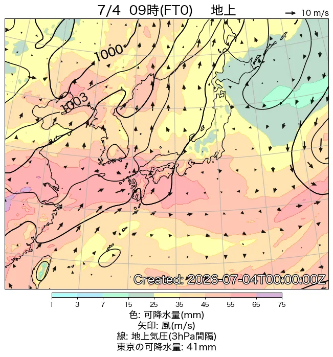 2026年7月4日の日本周辺の地上天気図（9時）