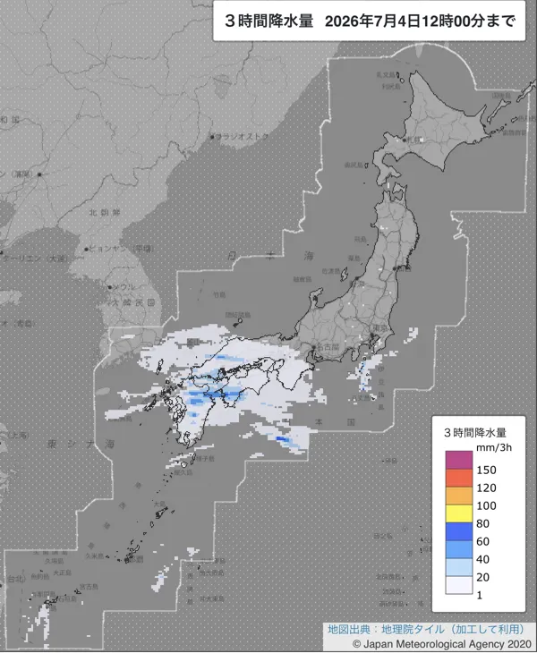 2026年7月4日9〜12時の日本周辺の3時間解析降水量