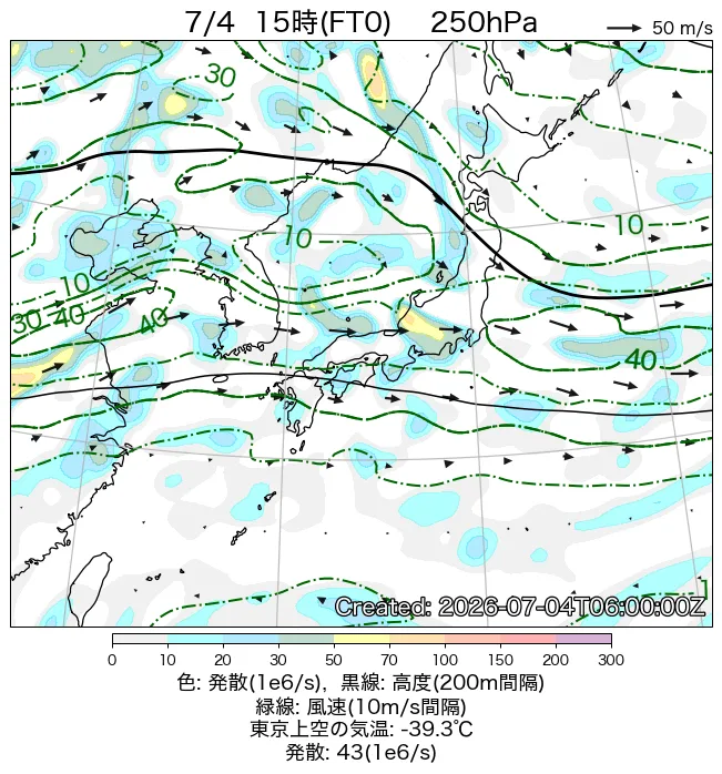 2026年7月4日の日本周辺の250hPa天気図（15時）